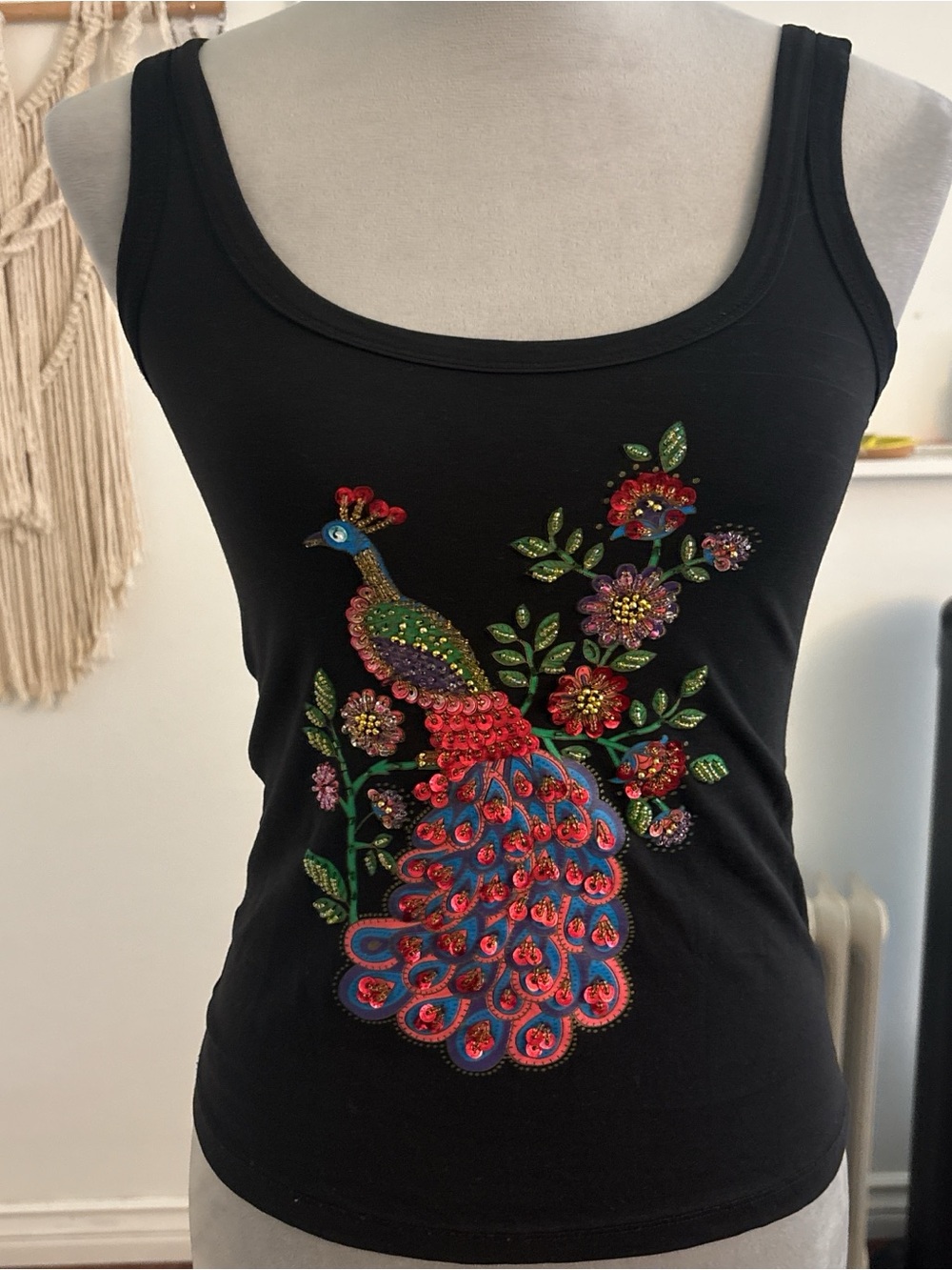 Black Embellished Peacock Tank Top - Women's